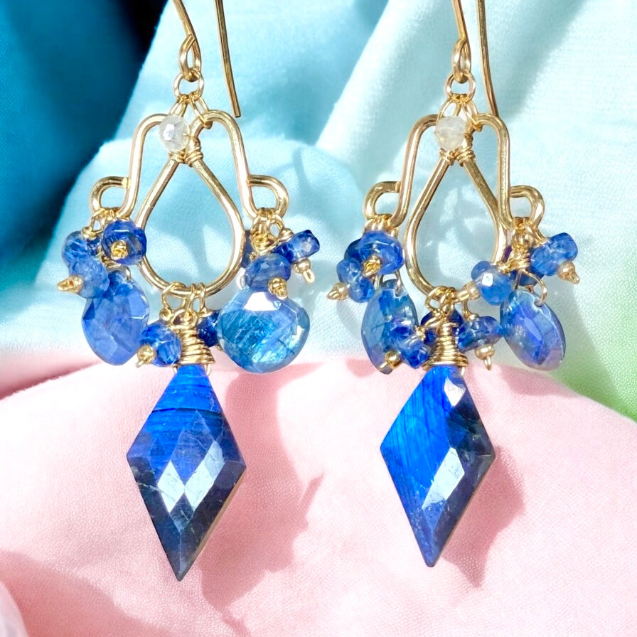 Blue Labradorite, Kyanite Handmade Chandelier Earrings, Gold Fill