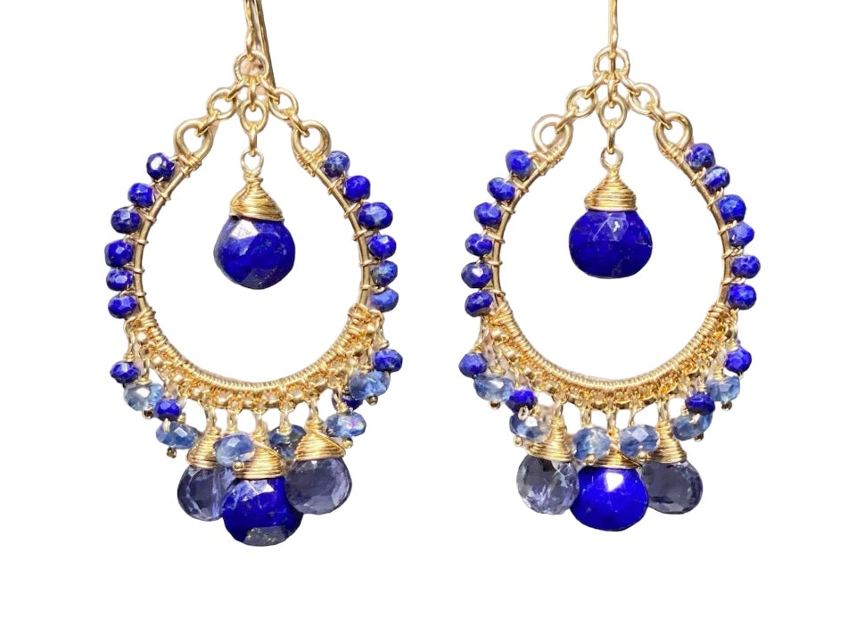 Blue Gemstone Gold Hoop Chandelier Earrings Lapis Kyanite Iolite