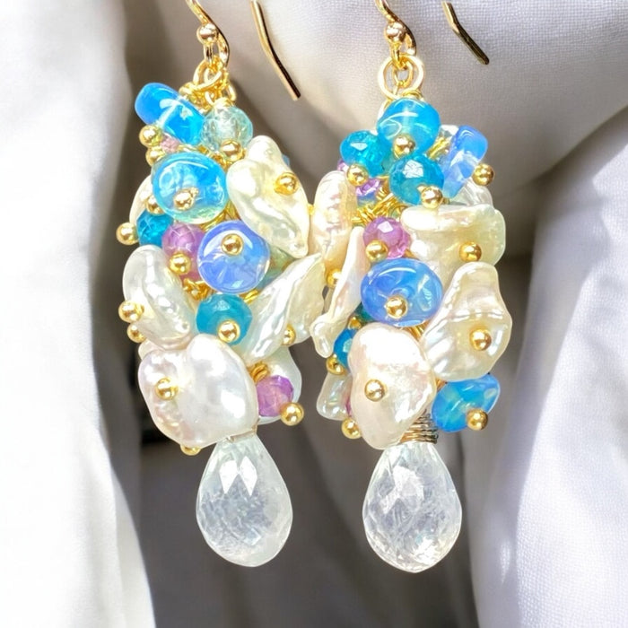 Blue Ethiopian Opal, Keishi Pearl and Gemstone Dangle Earrings Gold