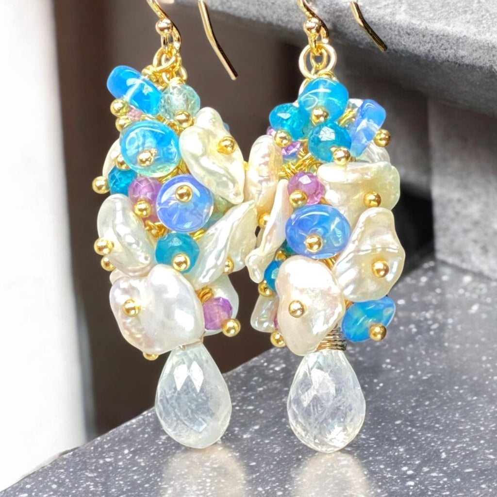 Blue Ethiopian Opal, Keishi Pearl and Gemstone Dangle Earrings Gold
