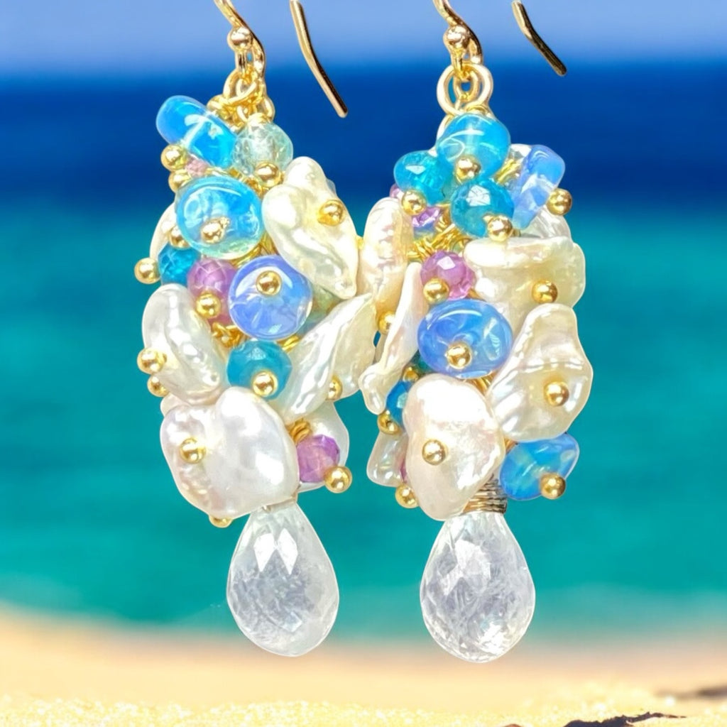 Blue Ethiopian Opal, Keishi Pearl and Gemstone Dangle Earrings Gold