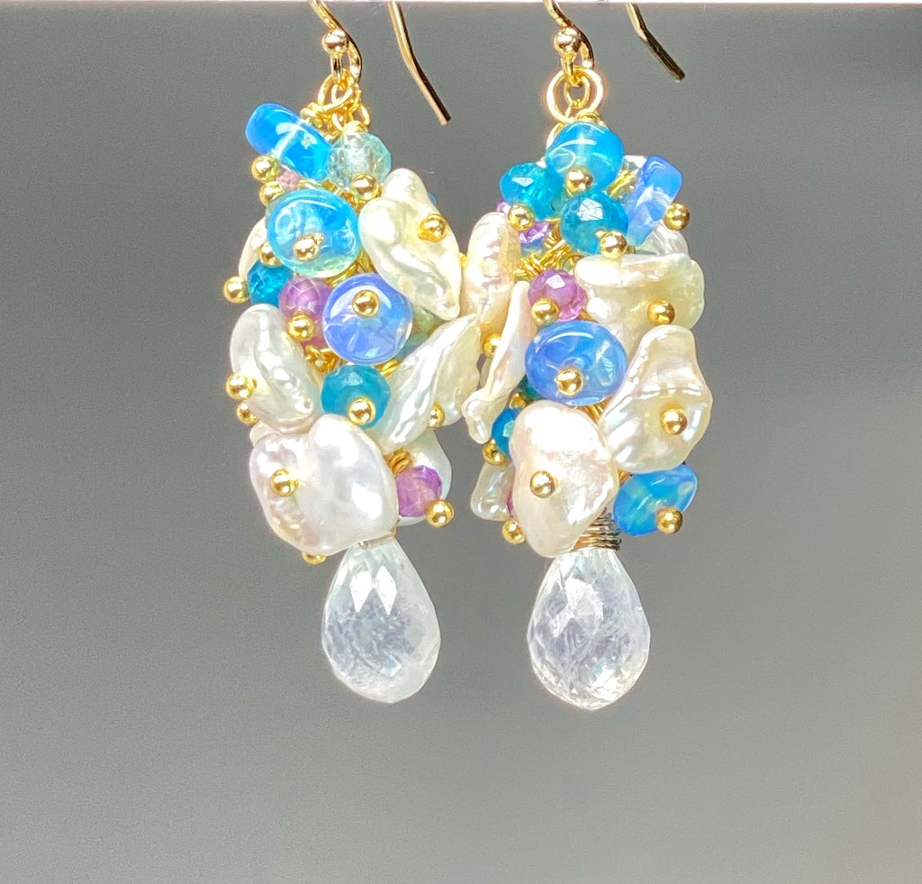 Blue Ethiopian Opal, Keishi Pearl and Gemstone Dangle Earrings Gold