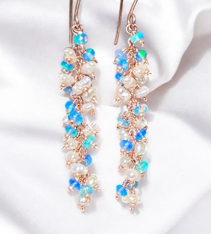 Blue Ethiopian Opal and Keishi Pearl Tassel Dangle Earrings Rose Gold