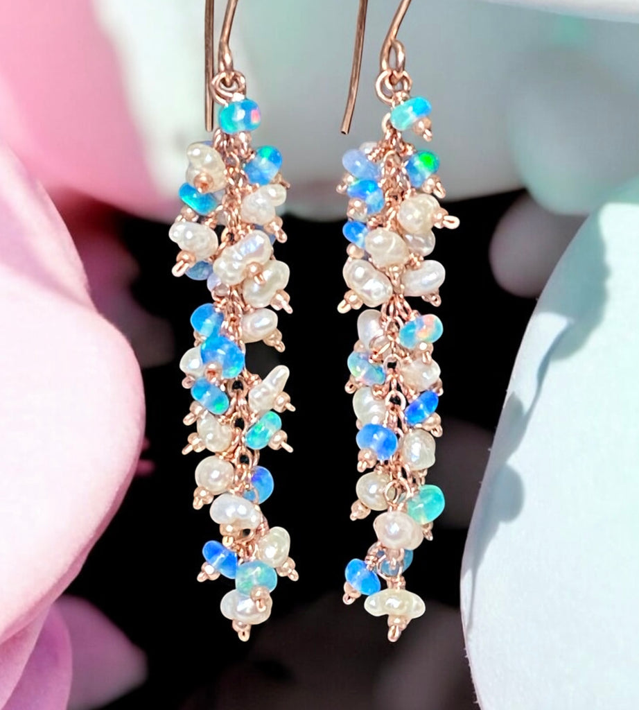 Blue Ethiopian Opal and Keishi Pearl Tassel Dangle Earrings Rose Gold