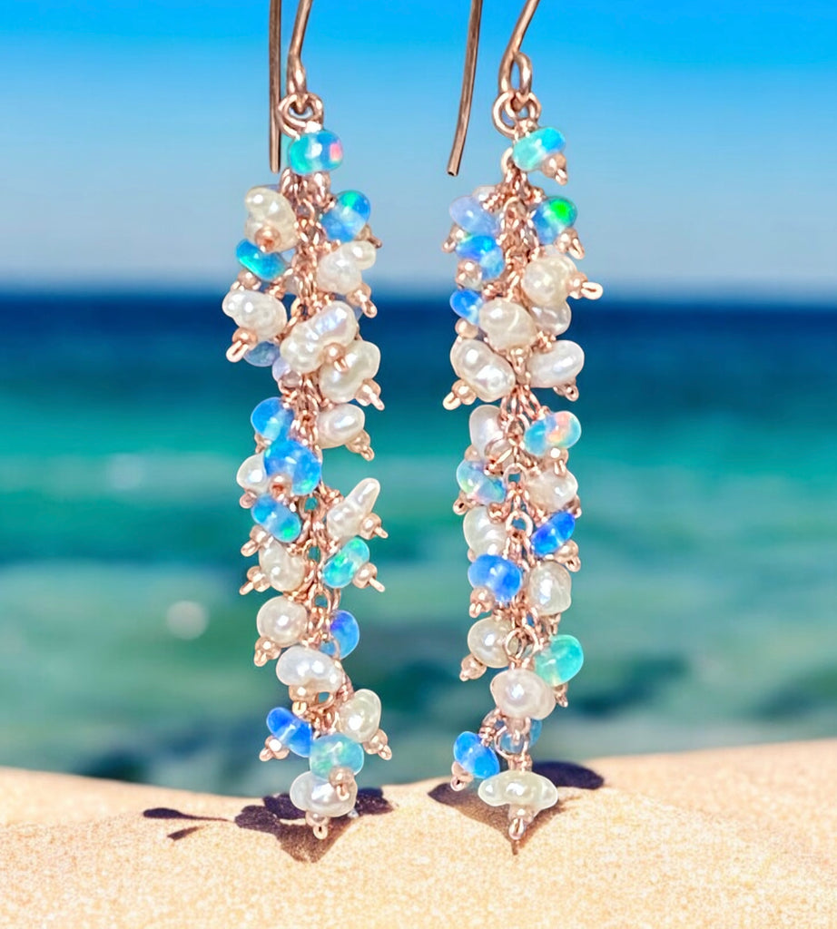 Blue Ethiopian Opal and Keishi Pearl Tassel Dangle Earrings Rose Gold