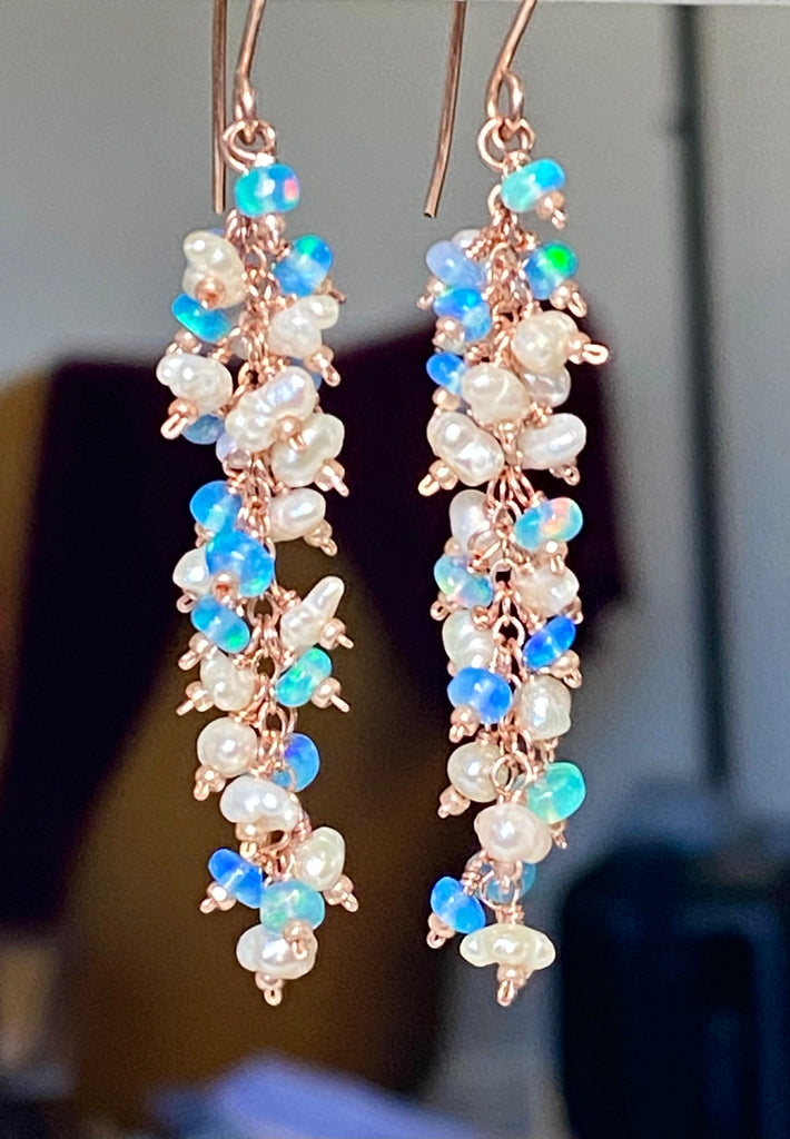 Blue Ethiopian Opal and Keishi Pearl Tassel Dangle Earrings Rose Gold