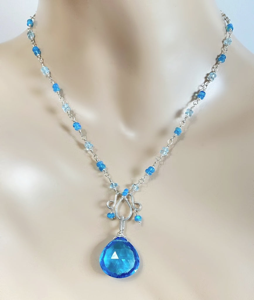 Blue Topaz, Opal and Gemstone Pendant Necklace Rosary Style Sterling Silver