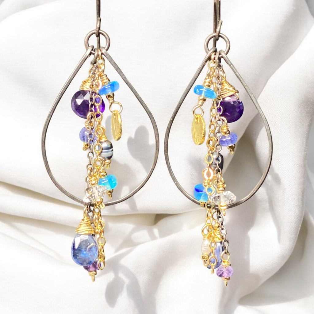 Amethyst, Blue Kyanite Mixed Metal Hoop Earrings, Black Gold