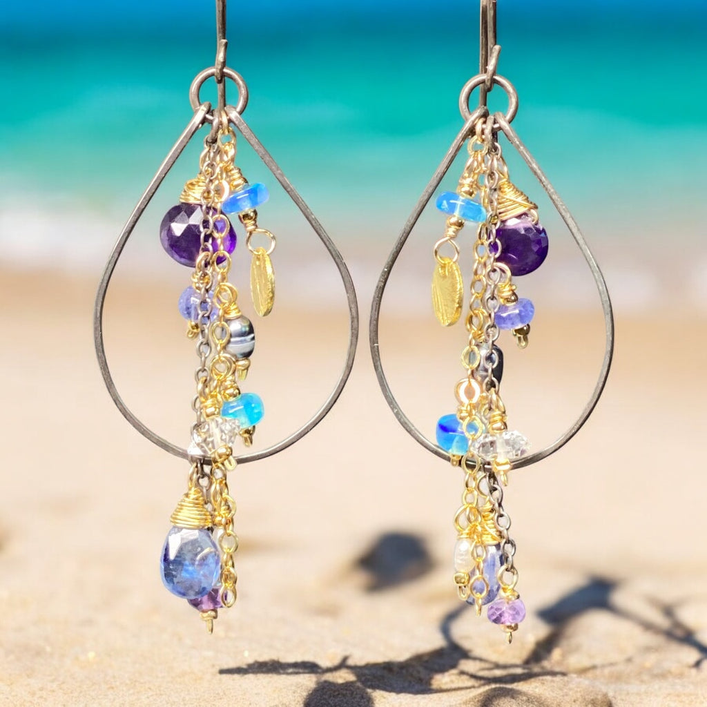 Amethyst, Blue Kyanite Mixed Metal Hoop Earrings, Black Gold