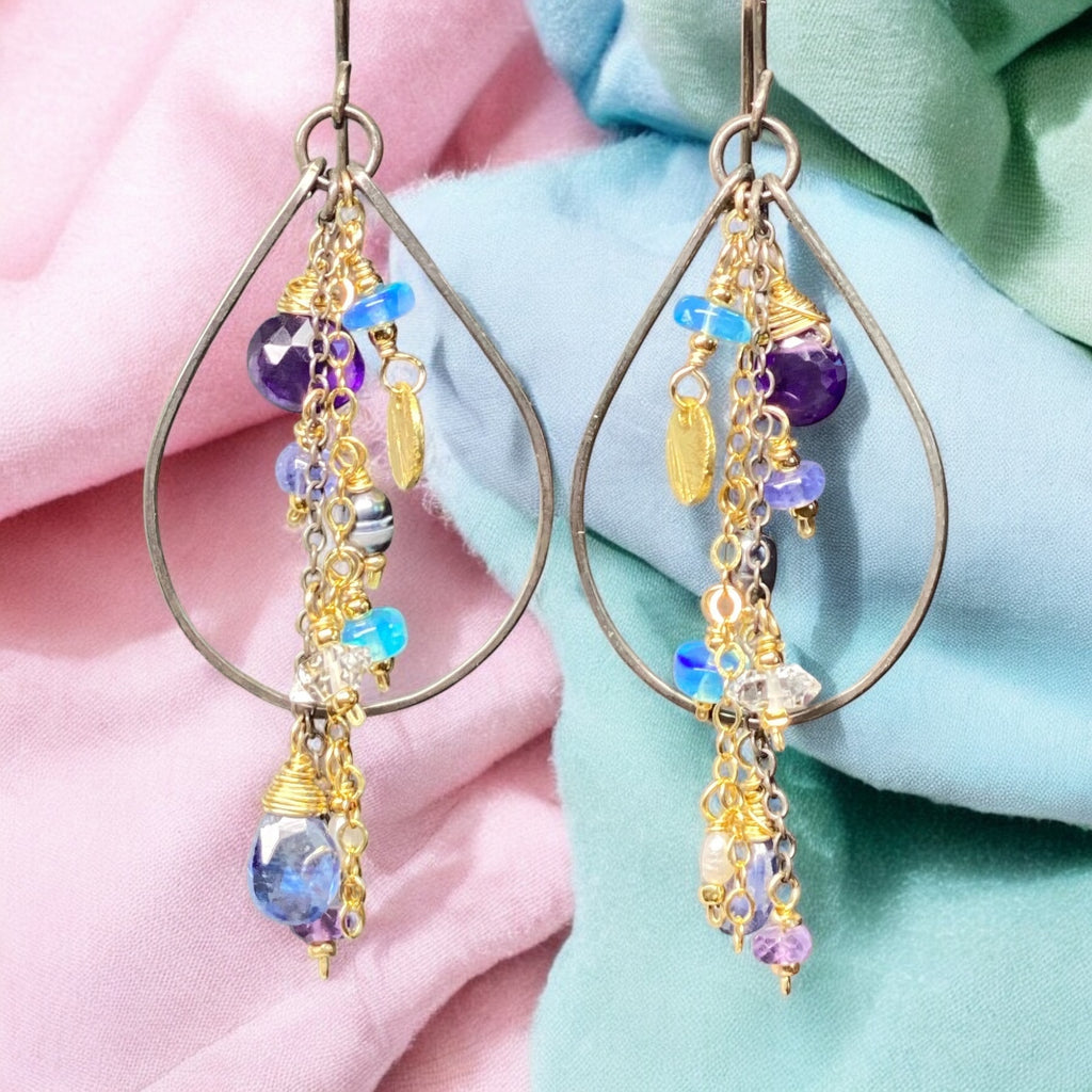 Amethyst, Blue Kyanite Mixed Metal Hoop Earrings, Black Gold