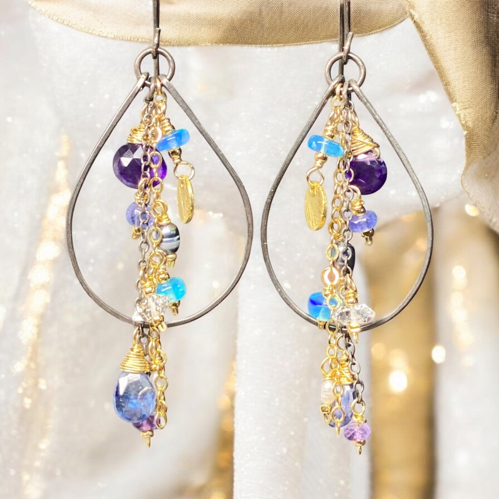 Amethyst, Blue Kyanite Mixed Metal Hoop Earrings, Black Gold