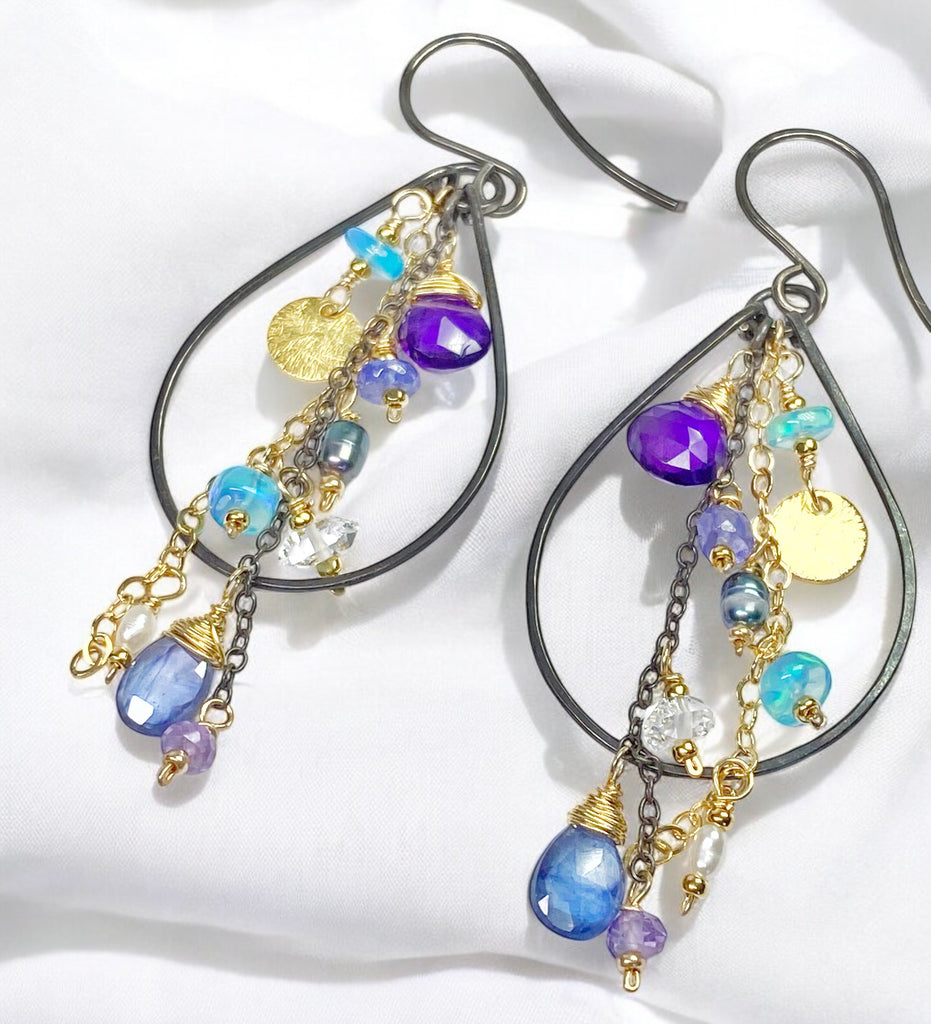 Amethyst, Blue Kyanite Mixed Metal Hoop Earrings, Black Gold