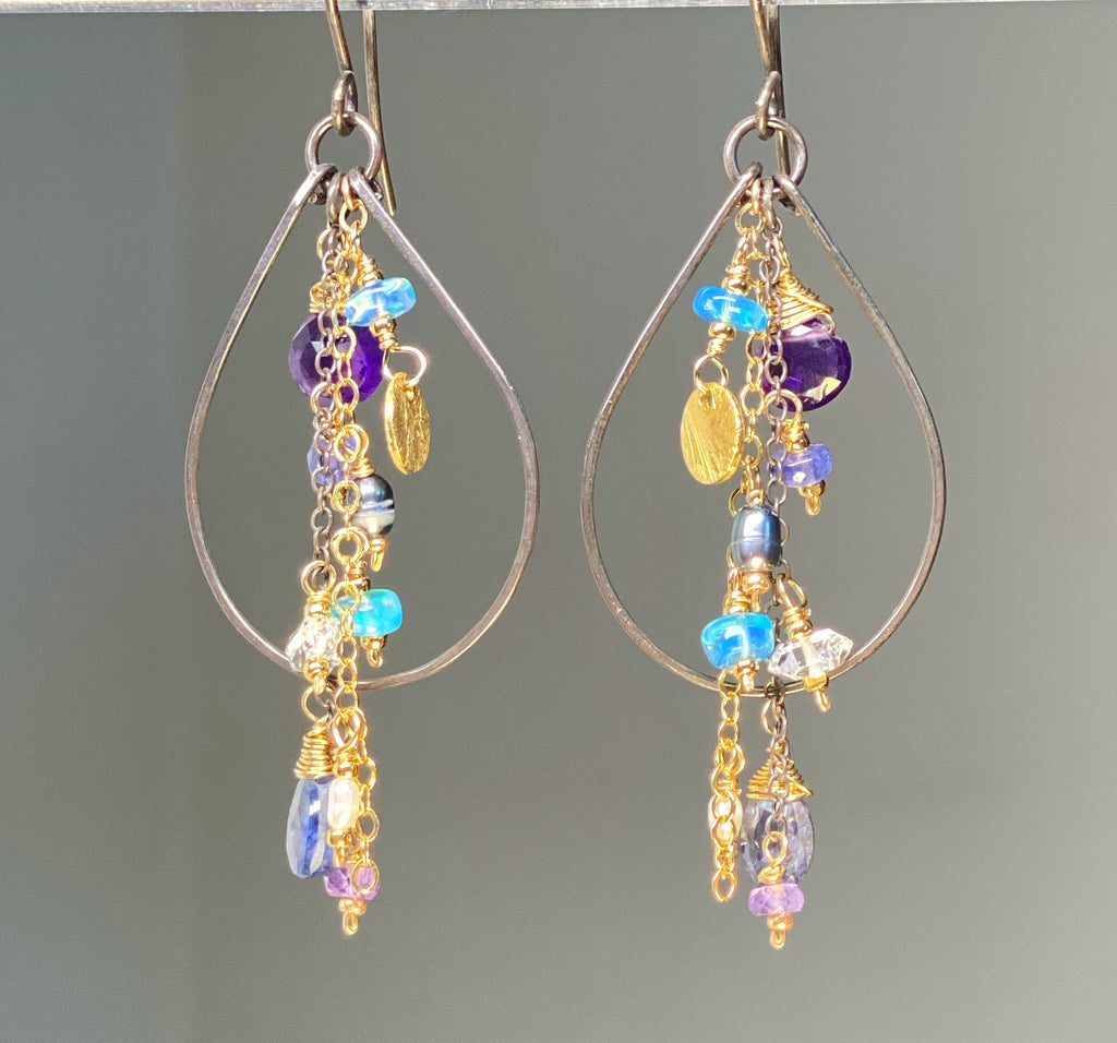 Amethyst, Blue Kyanite Mixed Metal Hoop Earrings, Black Gold