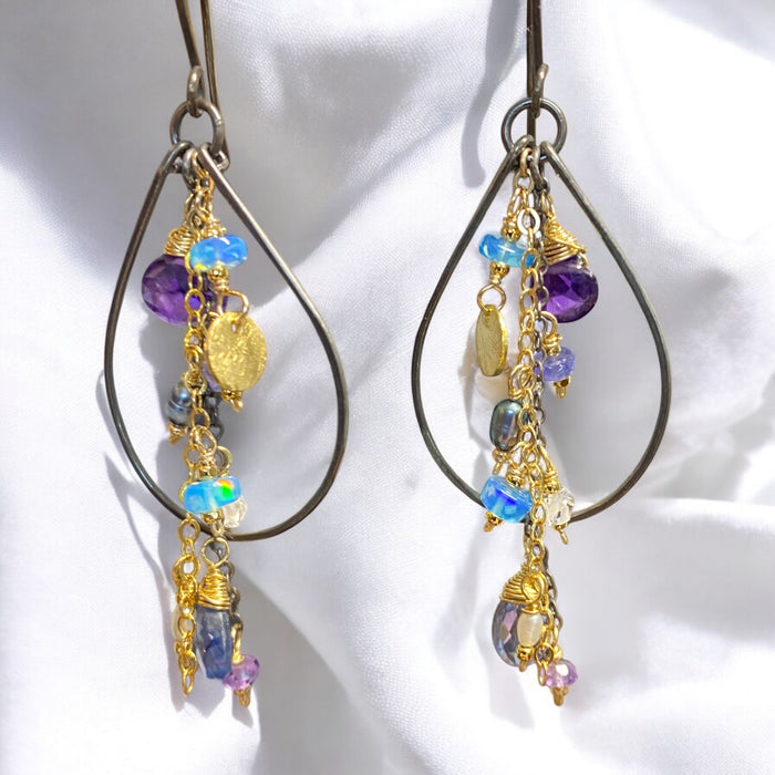 Amethyst, Blue Kyanite Mixed Metal Hoop Earrings, Black Gold