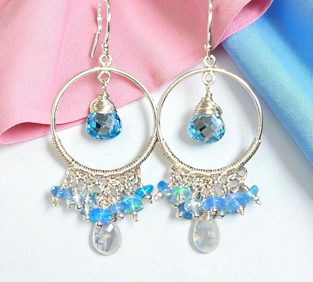 Blue Topaz, Opal, Chandelier Hoop Earrings Sterling Silver