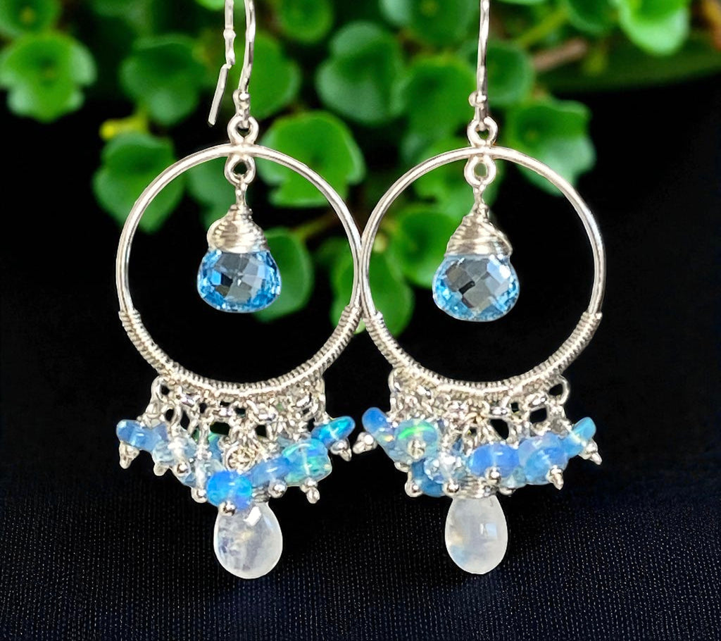 Blue Topaz, Opal, Chandelier Hoop Earrings Sterling Silver