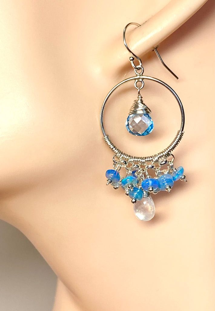 Blue Topaz, Opal, Chandelier Hoop Earrings Sterling Silver
