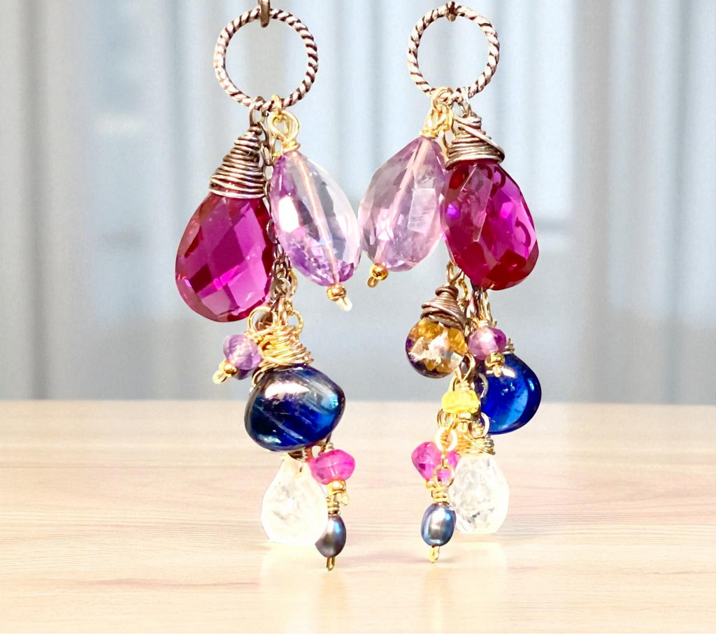 Blue Violet Gemstone Dangle Earrings, Mixed Metals 2