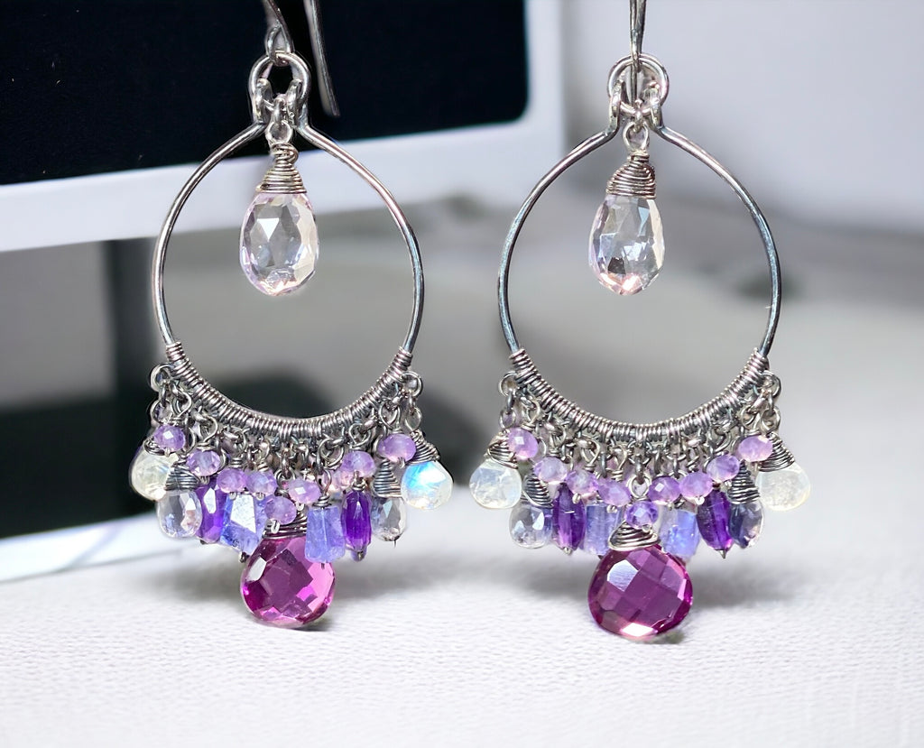Blue Violet Statement Chandelier Hoop Earrings in Oxidized Sterling Silver