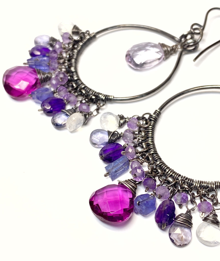 Blue Violet Statement Chandelier Hoop Earrings in Oxidized Sterling Silver