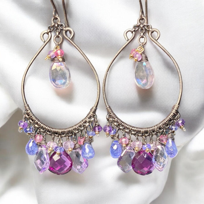 Blue Violet Statement Chandelier Hoop Earrings, Oxidized Silver