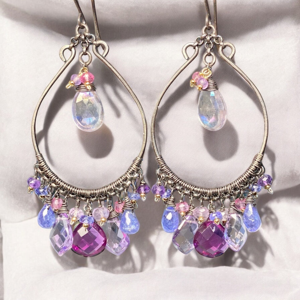 Blue Violet Statement Chandelier Hoop Earrings, Oxidized Silver