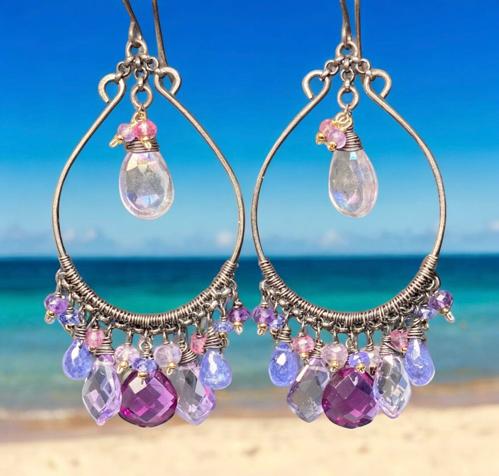 Blue Violet Statement Chandelier Hoop Earrings, Oxidized Silver