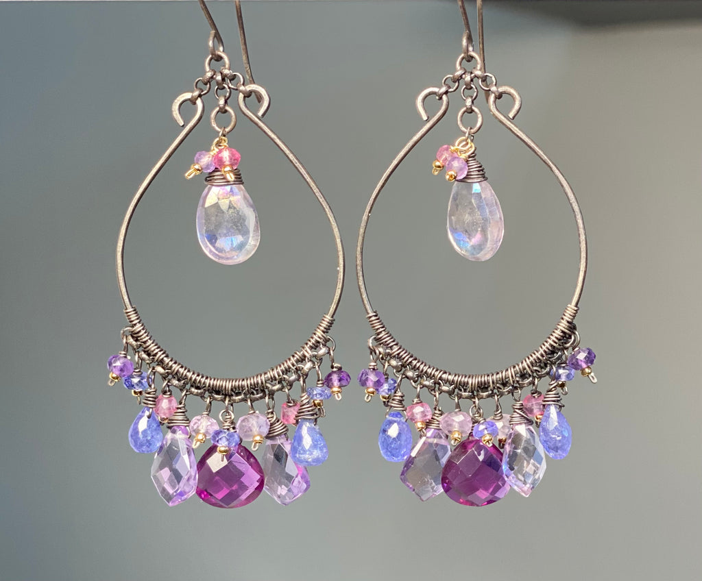 Blue Violet Statement Chandelier Hoop Earrings, Oxidized Silver