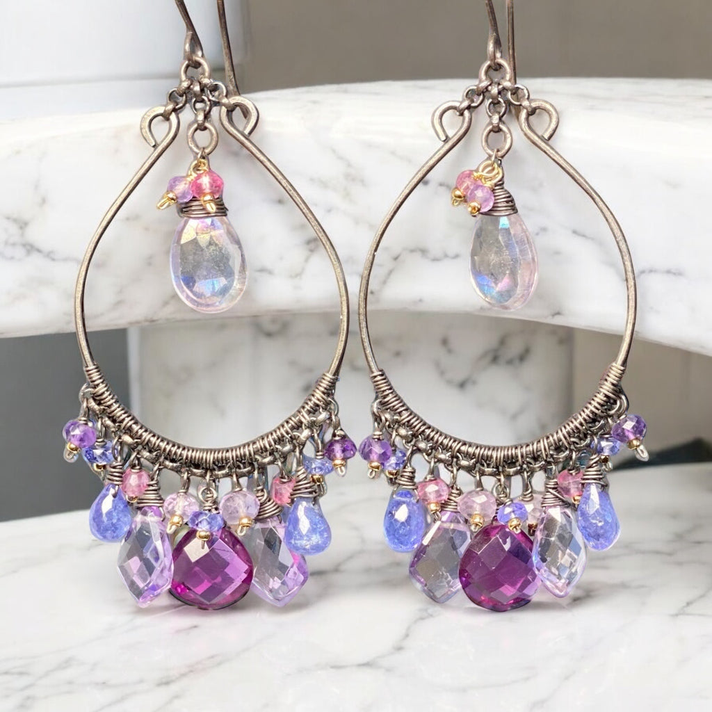 Blue Violet Statement Chandelier Hoop Earrings, Oxidized Silver