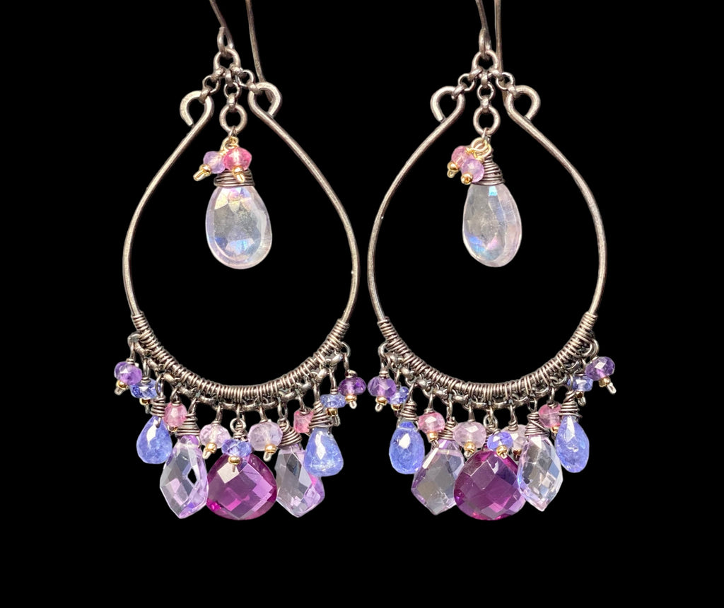 Blue Violet Statement Chandelier Hoop Earrings, Oxidized Silver