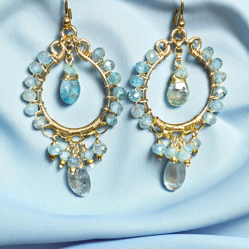 Natural Blue Zircon, Aquamarine Gemstone Chandelier Hoop Earrings Gold Fill