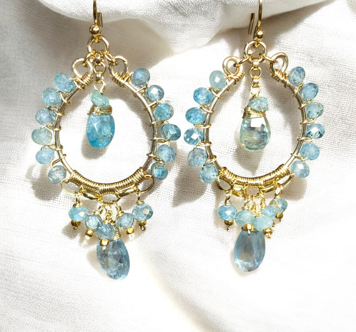 Natural Blue Zircon, Aquamarine Gemstone Chandelier Hoop Earrings Gold Fill