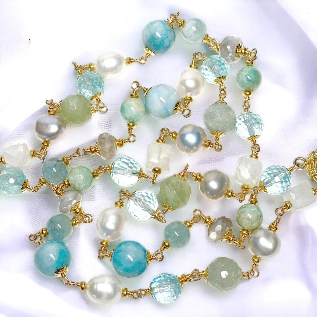 Aquamarine Pearl Long Wire Wrap Necklace Gold Moonstone