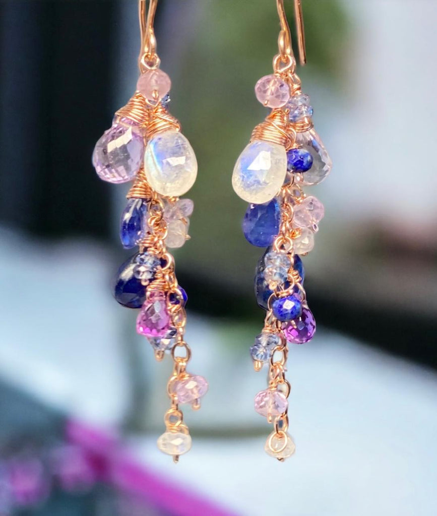 Blue Violet Rose Gold Dangle Earrings - Moonstone, Kyanite, Amethyst, Violet Quartz