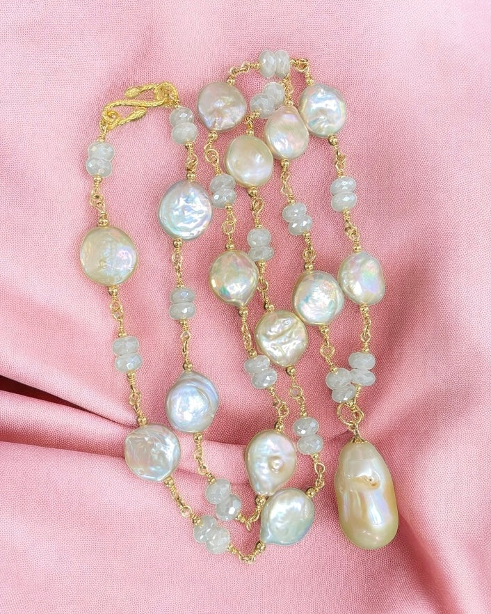 Blush Baroque Pearl Mystic Moonstone Long Sautoir Rosary Necklace Gold Fill