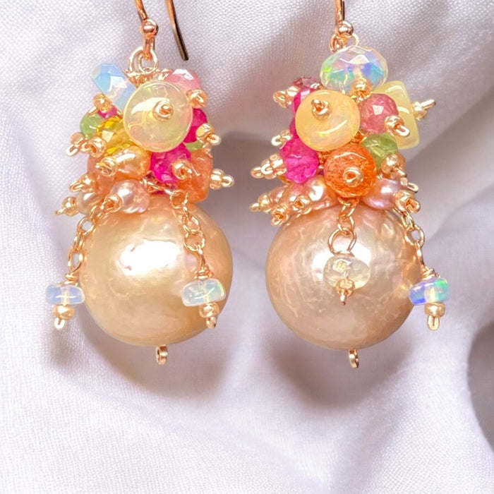 Blush Pearl Multicolor Opal Gemstone Cluster Earrings Rose Gold Fill
