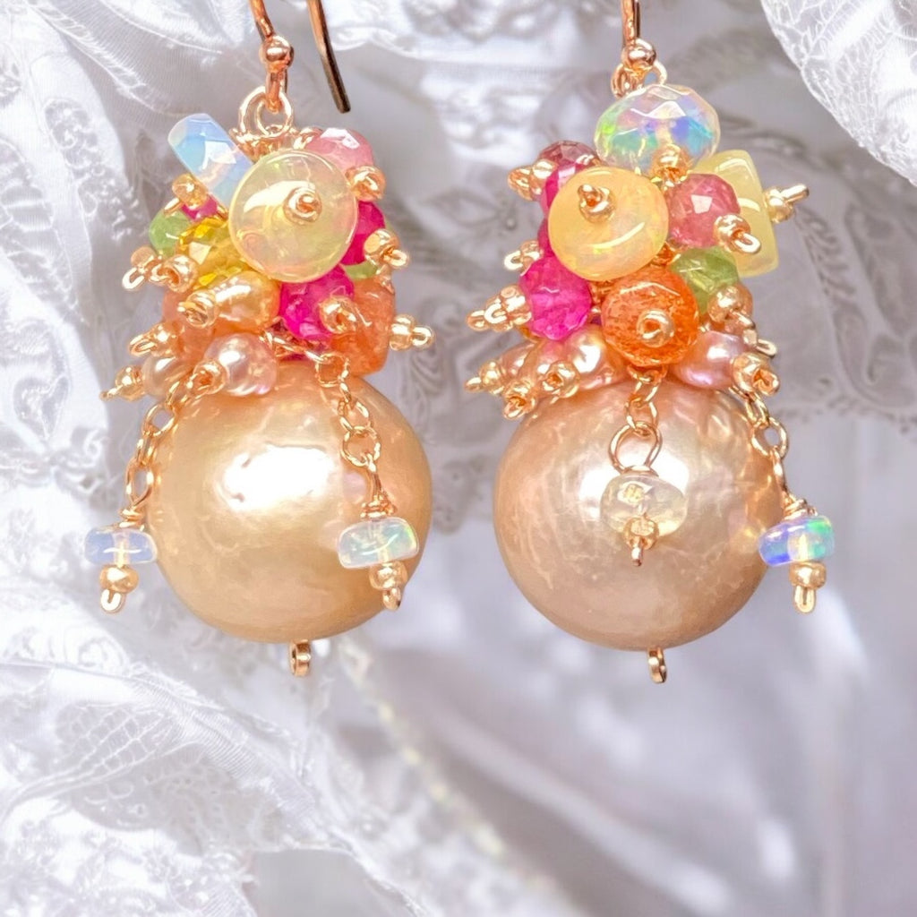 Blush Pearl Multicolor Opal Gemstone Cluster Earrings Rose Gold Fill