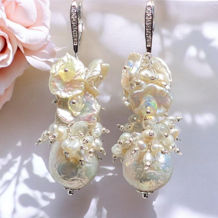 Baroque Pearl Cluster Bridal Earrings White Keishi and Opal Cascade