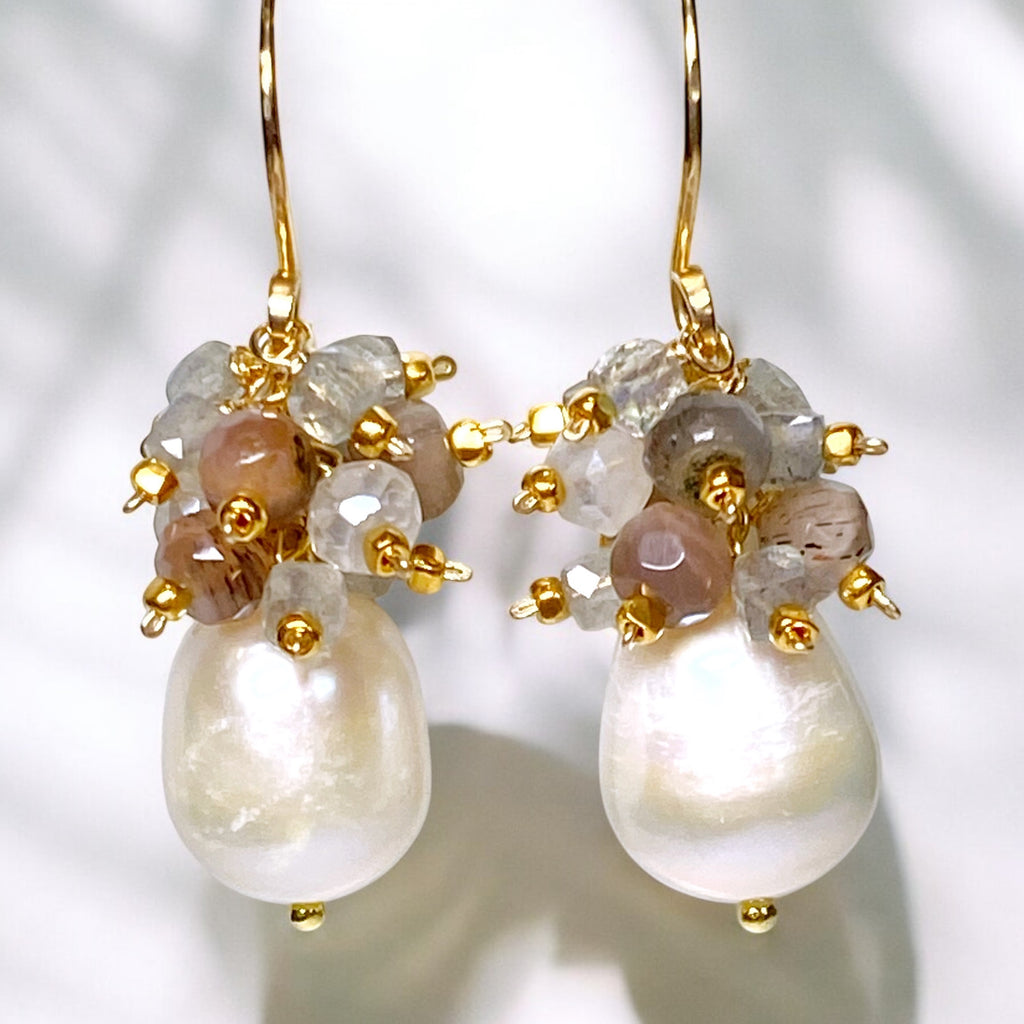 Pearl Cluster Earrings with Labradorite, Chocolate Moonstone Gold Fill or Sterling Silver