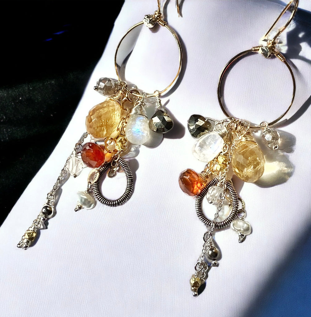 Citrine Gemstone Dangle Tassel Gold Hoop Earring