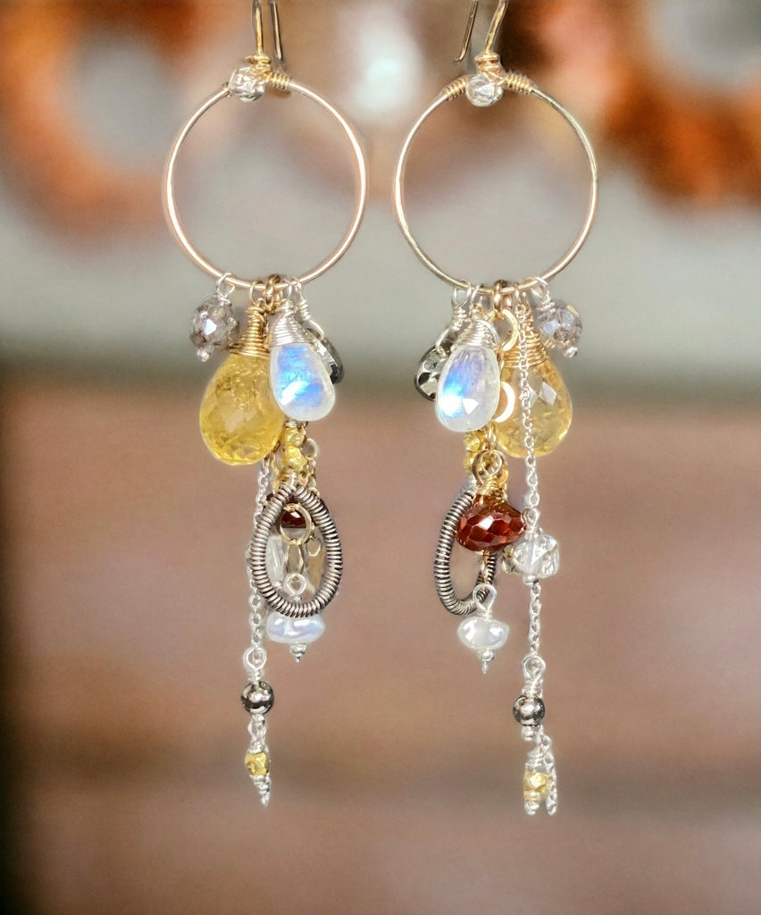 Citrine Gemstone Dangle Tassel Gold Hoop Earring
