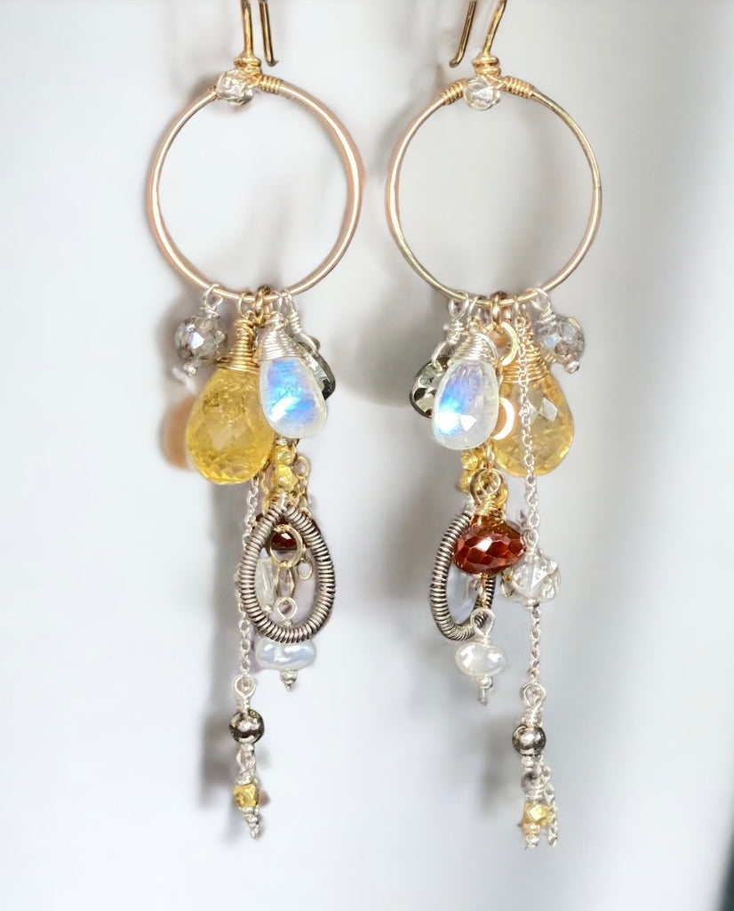 Citrine Gemstone Dangle Tassel Gold Hoop Earring