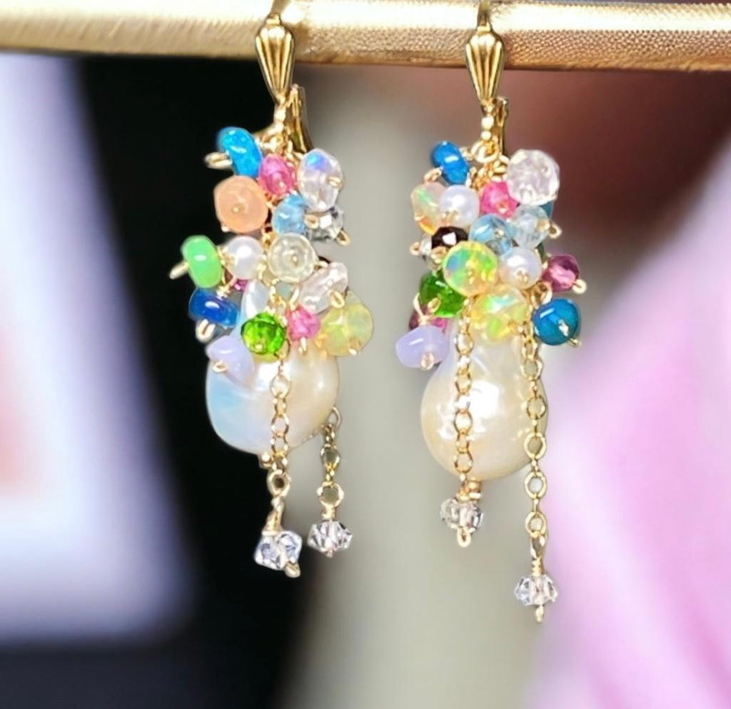 Opal Cluster Baroque Pearl Earrings Multi-color Gemstone