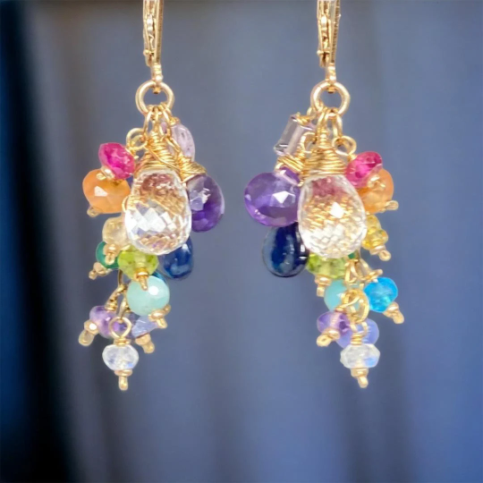 Crystal Quartz Dangle Earrings with Multi Gemstone Cluster, 3