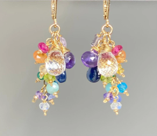 Crystal Quartz Dangle Earrings with Multi Gemstone Cluster, 3