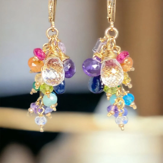 Crystal Quartz Dangle Earrings with Multi Gemstone Cluster, 3