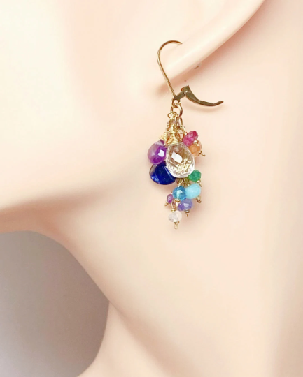 Crystal Quartz Dangle Earrings with Multi Gemstone Cluster, 3