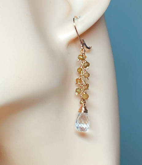 Crystal Quartz Rose Gold Gemstone Dangle Earrings with Gold Labradorite