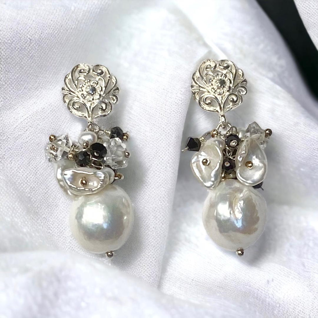 White Edison Pearl Cluster Earrings with Herkimer Diamond, Black Spinel