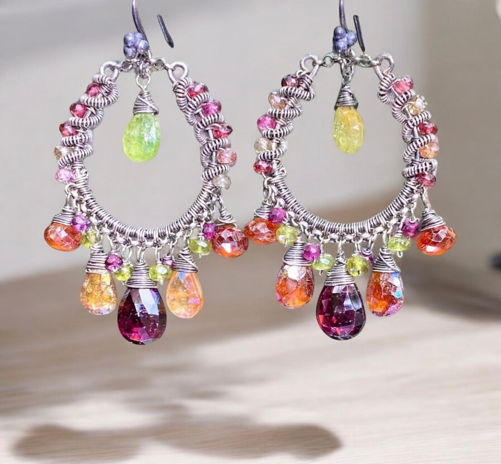 Multi-color Garnet Chandelier Hoop Earrings Coiled Oxidized Sterling Silver